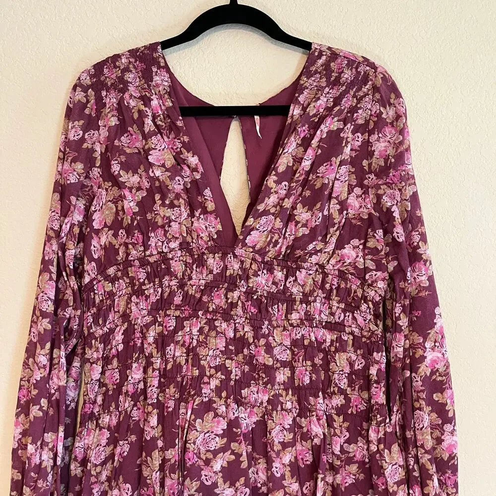 Free People Mini Dress Keep You Floral Long Sleeve Deep V-Neck Berry Combo Sz L